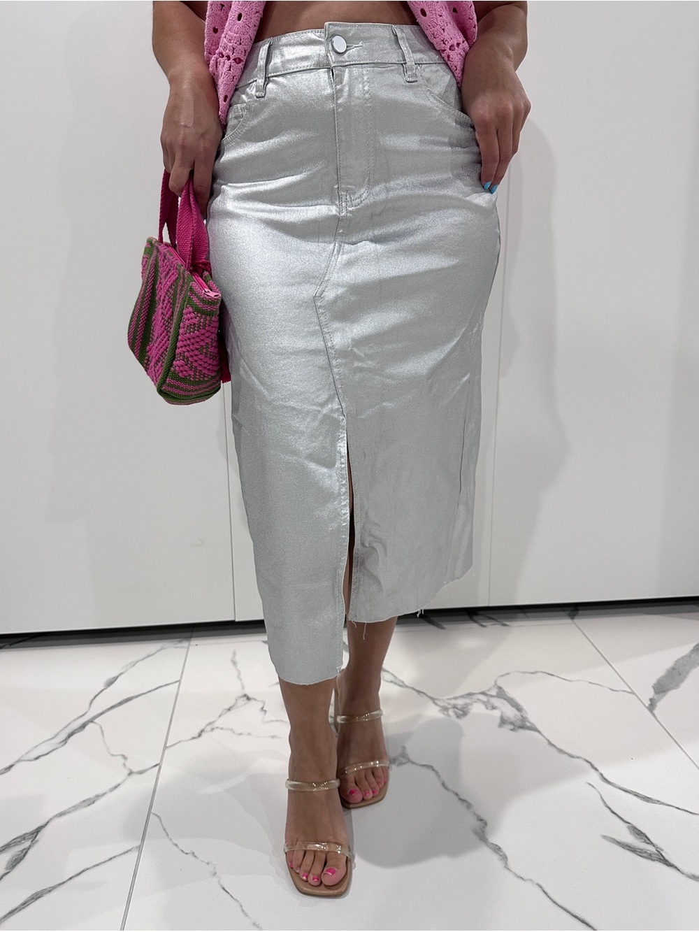 Shimmery Silver A-Line Midi Skirt with Front Slit